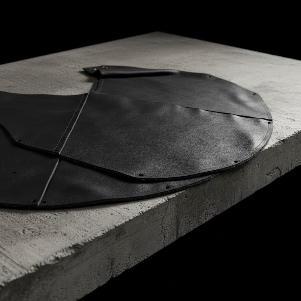 Black leather crescent bag panels laid on raw concrete — hand-finished construction detail.
