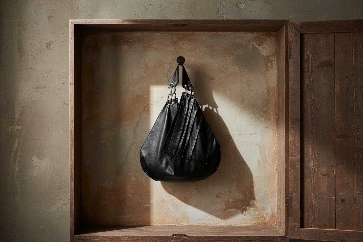 Black leather bag on a peg in a weathered wooden alcove, side light casting a long shadow on mottled plaster.