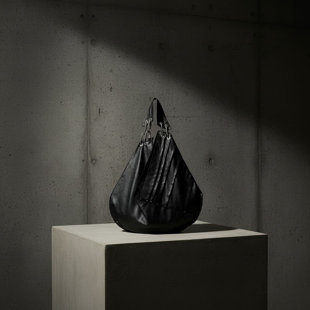 Black leather crescent bag on a concrete plinth, brutalist studio lighting.